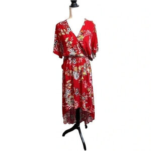 Cato plus size, red floral faux wrap, Hi-Low dress